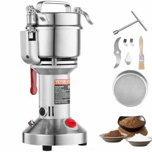 VEVOR elektrische Getreidemühle Hochgeschwindigkeits-Gewürzmühlen 1500 W 300 g, Pulverisiermaschine aus Edelstahl, für trockene Körner Gewürze Müsli Kaffee Mais Pfeffer Silber 180 x 160 x 355 mm