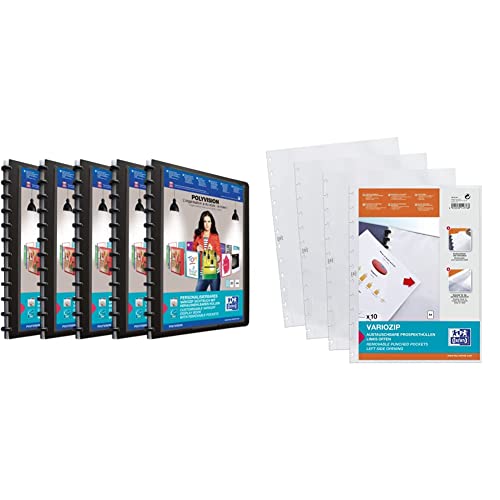 Oxford polyvision Ringmappe A4, mit vario-zipp, 20 Hüllen, schwarz, 5er Pack & Oxford Prospekthülle "Spezialhüllen" ManageMe!, 10 Stück, DIN A4, glasklar