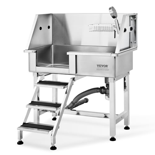 VEVOR 864 mm Haustier-Badestation mit Rampe, professionelle Edelstahl-Wanne mit Aufbewahrungsschublade, Wasserhahn, reichhaltiges Zubehör, Hundebadewanne für große, mittelgroße und kleine Haustiere,