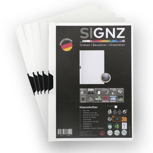 SIGNZ Klemmhefter DIN A4, 5 Stück, weiß, Für bis zu 30 Blatt, CO2-neutral hergestellt, made in Germany