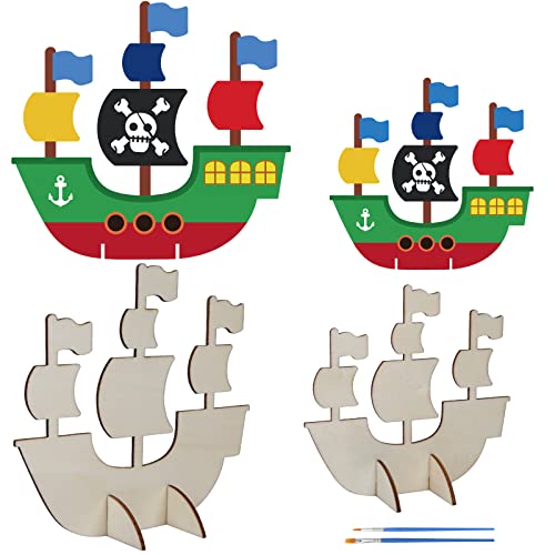LAMEK 8 Stück Holz Piratenschiff Bastelset Kinder Segelschiff zum Bemalen Piraten Segelboot zum Basteln Kreativsets mit 2 Pinsel für Jungen Mädchen Schatzsuche Spiel Pirat Kindergeburtstag Party