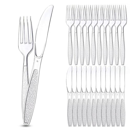 Plastikbesteck, 200 Stück Party Besteck Plastik, 100 Plastik Messer 100 Plastikgabeln Party Besteck Wiederverwendbar für Familie Partys Geburtstagsfeiern Hochzeiten (Transparent)