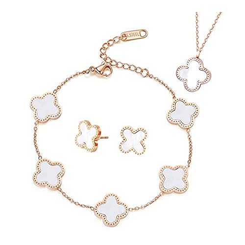 TOFBS Vierblättriges Kleeblatt Schmuckset für Damen und Mädchen 18K Roségold Plattiert Edelstahl Zweiseitig Grün Schwarz Anhänger Halskette Ohrstecker Armband Emaille Schmuck Set (Weiß)