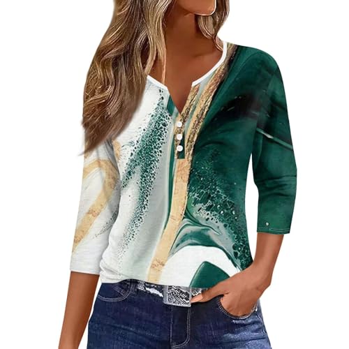 2025 Angebote,Pullover Elegant,3/4 Arm Tshirt Frühling Sommer Pullover Blusen Leichte Basic Tops Casual Oberteile V-Ausschnitt Knopfleiste Shirt,Grün,M