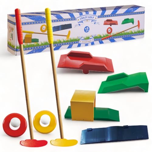 MIJOMA 10-teiliges Minigolf-Set aus Holz, perfekt für Garten und Outdoor, Kinder und Erwachsene. Komplettset mit 2 Schlägern, 4 Hindernissen, 2 Zielringen und 2 Golfbällen