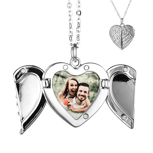 TOFBS Bilder Medaillon zum öffnen mit Kette Herz Engelsflügel Damen Personalisierte Halskette Amulett Anhänger mit Foto Schmuck (Silber)