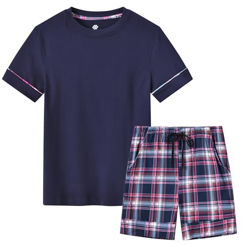 MoFiz Jungen Schlafanzug Kurz Kinder Pyjama-Set Weich Niedlich Kurzarm Shirt und Karierte Schlafhose Kurz Nachtwäsche Hausanzug Set Marineblau Größe L (DE 152-164)