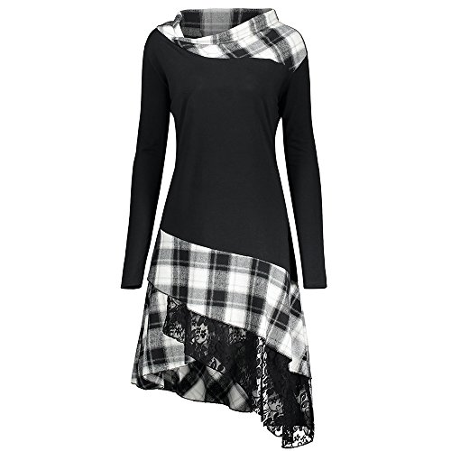 CHARMMA Frauen Übergröße Mock Neck Sweatshirt Asymmetrisch Top Spitzen Bluse Langarm Hemd (XXL, Schwarz+Weiß)