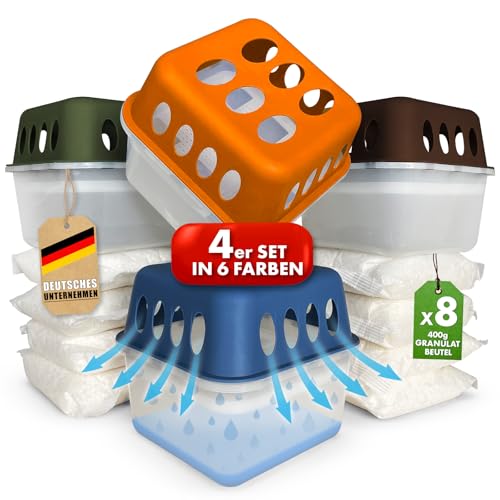 KARAT 4 x Luftentfeuchter mit 8 x 400g Nachüll-Beutel Granulat Raumentfeuchter nachfüllbar & wiederverwendbar (Grün, Hava)