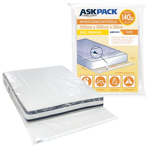 ASK Pack Matratzenschutzhüllen mit Klebeverschluss - Größen von XS bis XXL, Ultra Starkes Material bis 140 Micron Reißfest, Wiederverwendbar und Wasserdicht - Ideal für Transport (200 x 200 cm)