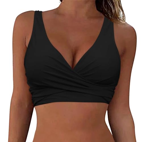 Hanaoops Damen Bikini Oberteil Große Brüste Push Up Bikini Top Ausschnitt Wickeloptik Sport Bra Crossover Badeanzug Top Sommer Rückenfrei Swimsuit Bra