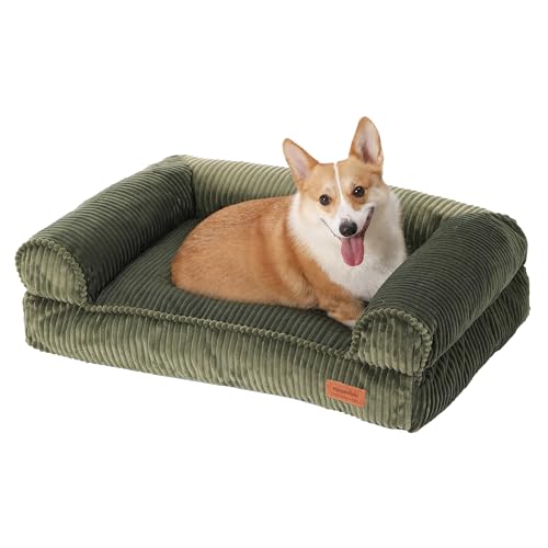 FUKUMARU Hundebett für große Hunde, Flauschiges & Hundesofa mit wasserabweisender TPU-Schicht, Cordstoff, Waschbar und rutschfest, Abnehmbarer Reißverschlussbezug, 93 x 63 x 22 cm, Grün
