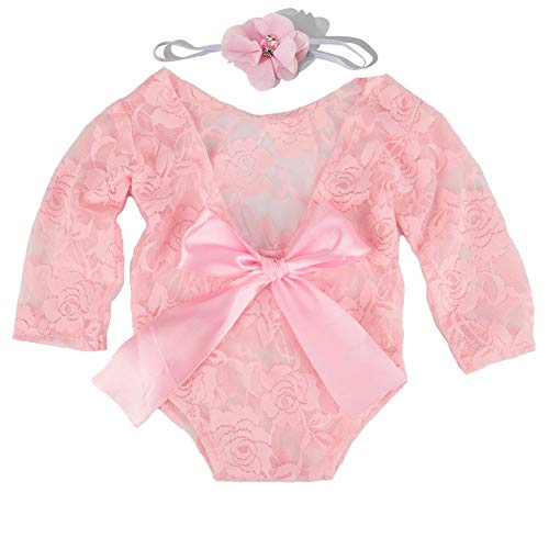 iSpchen Baby Newborn Fotografie Requisiten, 2 Stück Baby Infant Spitze Strampler Foto Requisiten, Spitze Bodysuit + Haarband, Rosa