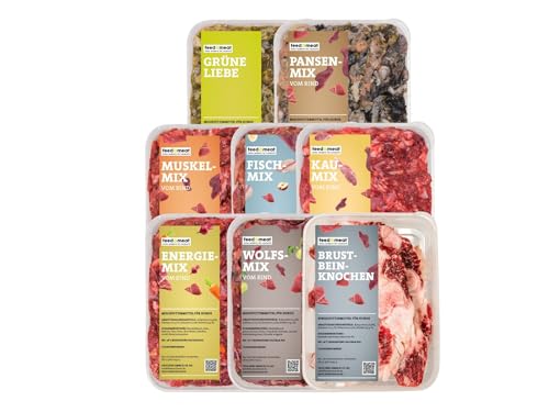 Barf Fertigmenüs - 3 Wochenpaket inklusive Obst, Gemüse und Ölen - 21 x 500g Komplettmixe und 1x Brustbeinknochen regional und frisch