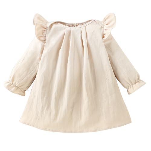 Yanmucy Kleinkind Baumwolle Kleid Baby Mädchen Lange Ärmel Rüsche Outfit solide Farbe Frühling Herbst Winter Kleidung für 6-24 Monate (DE/NL/SE/PL, Alter, 9 Monate, 12 Monate, Beige)