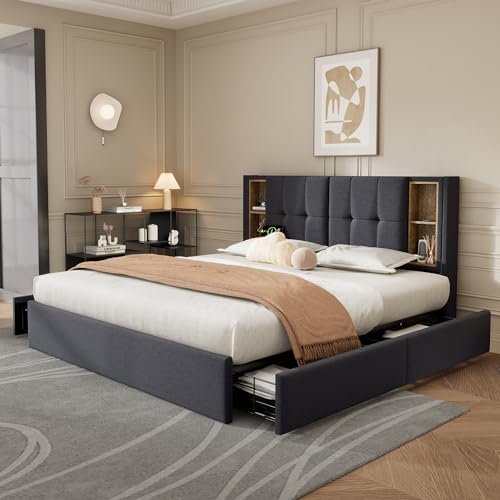 Merax Polsterbett 160x200cm mit 4 Schubladen & Kabellosem Laden, Doppelbett Bettgestell mit Lattenrost aus Holz & Stauraum Kopfteil, Funktionsbett, Leinenmaterial, Jugendbett, Ohne Matratze, Grau