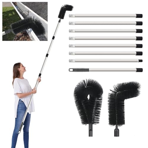 Gemsaya 310cm Dachrinnenreiniger, Dachrinnenreinigungswerkzeuge mit 8Pcs Teleskopstiel, Tragbares Dachrinnenbürste, Dachrinnenreinigungsbürste zum Reinigen von Blättern, Schmutz, Fenstern, Dachrinnen