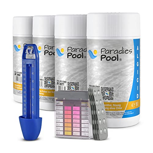 Paradies Pool Wasserpflege Set, 6-teilig, Chlor Granulat, Algenschutz, pH Plus Minus, Pool-Reinigungsset inkl. Thermometer & Wassertestgerät