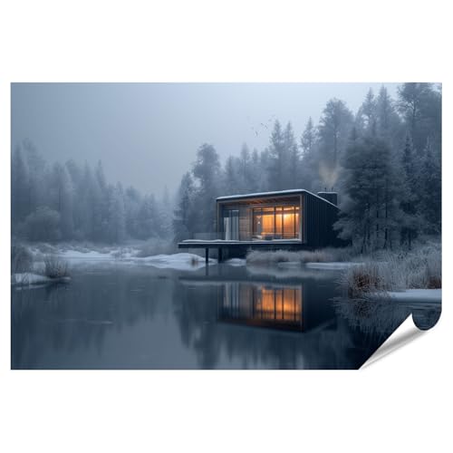 islandburner Prime Bild Poster Winterliches Refugium am See mit Spiegelung für Wohnzimmer Naturliebhaber Wellness-Spa Premium Bilder Fotodruck