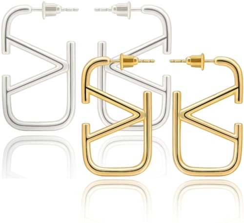 2 Pack Gold & Silber V Designer Ohrringe Damen, Tropfen,Buchstabe V Designer Geometrische, Perfekte Gold V Ohrringe für Damen, Stilvolle Geometrie & Tropfen, Große Hängende Ohrstecker, Dupes Schmuck