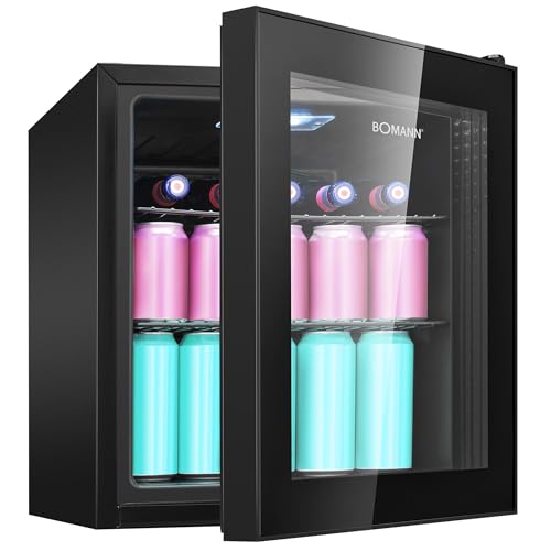Bomann® Getränkekühlschrank für bis zu 55 Dosen | Kühlschrank mit Glastür 42db leise | 2 Ablagen | Kühlschrank Getränke 46L | Mini Kühlschrank Glastür | Minibar für Büro, Outdoor und Gaming | KSG 7291