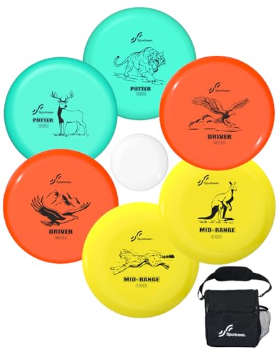 Sportneer Disc Golf, Disc Golf Set, Disc Golf Starter Set mit 2 Drivern, 2 Mid Ranges, 2 Puttern, 1 Mini-Disc-Marker, inklusive Disc Golf Aufbewahrungstasche für Anfänger, Profis im Freien, Hinterhof