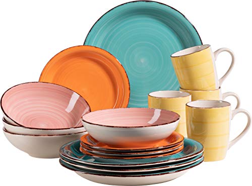 MÄSER 931498 Bel Tempo II 16-teiliges Vintage Geschirr-Set für 4 Personen, handbemaltes Keramik Kombiservice, bunt, Steingut, Türkis/Rosa/Orange/Gelb