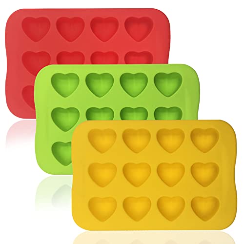 DaKuan Herzförmige Silikonformen, 3 Packungen mit 12 Mulden, herzförmige Silikonform für Schokolade, Kuchen, Gelee, Pudding, handgefertigte Seife, Süßigkeitenherstellung (rot, gelb, grün)
