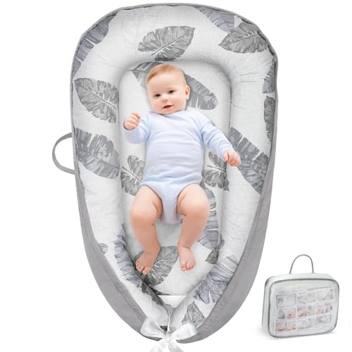 URMYWO Babynest Neugeborene Nestchen Baby 90x55 cm - Kokon Handmade zweiseitig Reisebett für Babys aus 100% Baumwolle - Babynestchen Feder Grau