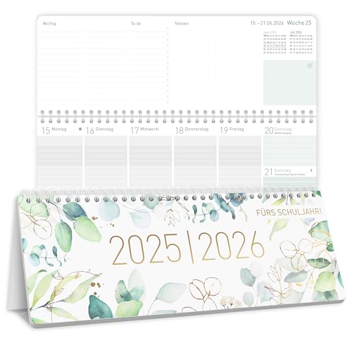 Häfft® Wochen-Tischkalender Schuljahr 2025/2026 "Blattgold" im Quer-Format mit Aufsteller, 1 Woche auf 2 Seiten - Wochenkalender, Schreibtisch-Kalender Schule - nachhaltig & klimafreundlich