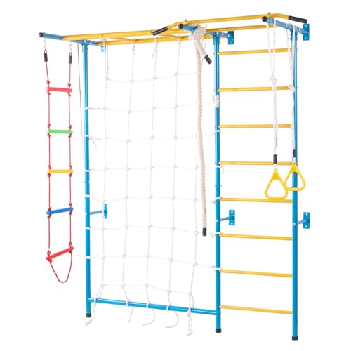 VEVOR Sprossenwand Turnwand Klettergerüst für Kleinkinder, 7-in-1-Kletterspielset mit schwedischer Leiter aus Karbonstahl, Klimmzugstange & Strickleiter & Turnringen 100 kg belastbar Mehrfarbig