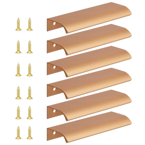 flintronic 6 Stück Möbelgriffe Versteckter, Geschwungener Türgriff, Modernes Küchengriffe Aluminium, Verdeckter Schubladengriff Griffe, für Küchenschränke, Kleiderschrank, Bad-Gold, 12cm