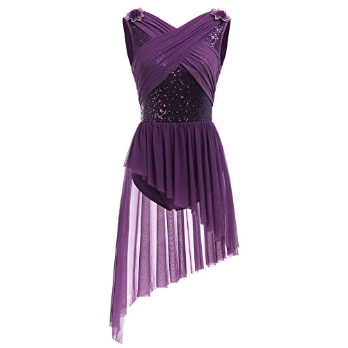 Lyrische Tanzkost�me Frauen Moderne Contemporary Tanz Kost�me Damen Ballettanzug �rmellos Tanzkleid Ballettkleid Pailletten T�llkleid Asymmetrische Gymnastik Leotard Kleid Ballett Trikot Lila S