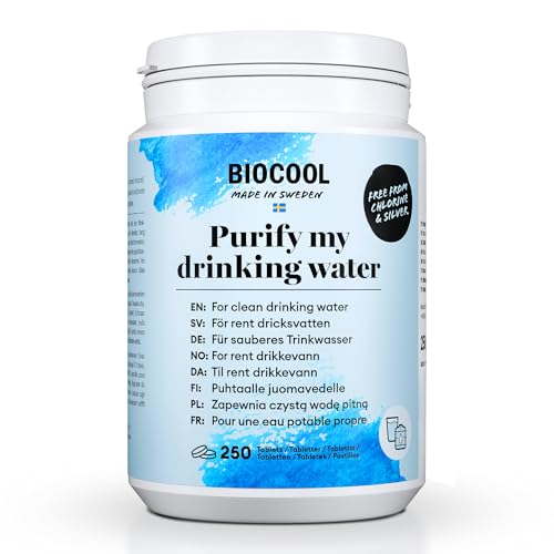 Biocool Wasserreinigungstabletten | 1 Tablette reicht für 5 Liter, Für sauberes Trinkwasser im Wohnwagen, Camping, Wandern und in Notfällen – Packung mit 250 Tabletten reicht für bis zu 1.250 Liter