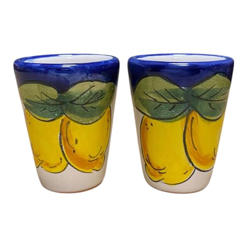 La Maison Unique: Set 2 Limoncello Gläser aus Keramik Vietrese Traditionelle Amalfiküste handbemalte Zitronen blauer Hintergrund 1212241903