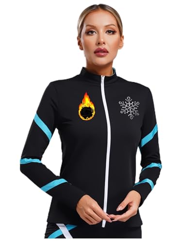 Runhomal Damen Eiskunstlauf Jacke Glitzer Mit Strass Langarm Fleece-gefütterte Sportjacke Slim Fit Eislauf Oberteile Thermojacke Top Blau Grün S