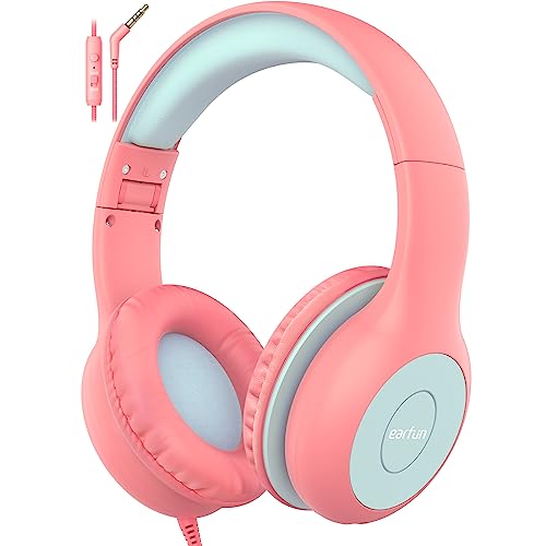 EarFun K1 Kinder Kopfhörer Over Ear, CPC-Zertifizierung mit Kabel, HD Sound, 85/94dB Lautstärkegrenze, Einstellbar Ohrpolster, 6 Ebenen Verstellbares Stirnband, 3.5 mm Aux Jack, Rosa