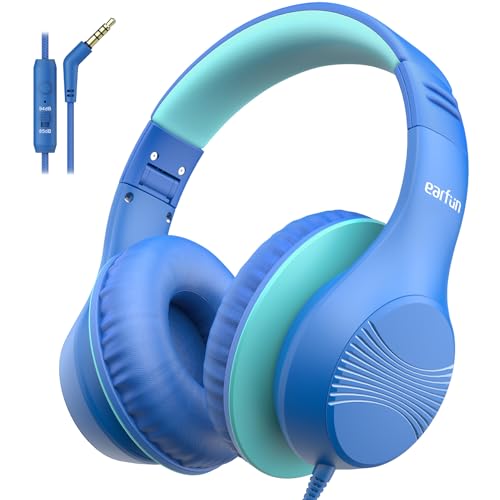 EarFun Kinder Kopfhörer, Over-Ear Kopfhörer für Kinder mit Kabel, 85/94dB Lautstärkenbegrenzer, Faltbar, Einstellbar, Hi-Fi Klang, HD-Mikrofon, Komfortables Tragen, Kinderkopfhörer für Schule/Tablet