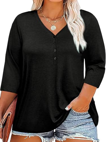 Fisoew Damen Große Größen T-Shirt 3/4 Ärmel Tops V-Ausschnitt Oberteil mit Knopf Oversize Kurzarm Shirts (Schwarz, XXXL)