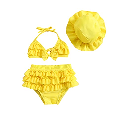 WERNZATT-Baby Mädchen Badeanzug Blume Badeanzug Halter Dreieck Tops Ruffle Bottoms Sun Hat Bikini Set Infant Swimsuit (Yellow 6, 6-12 Months)
