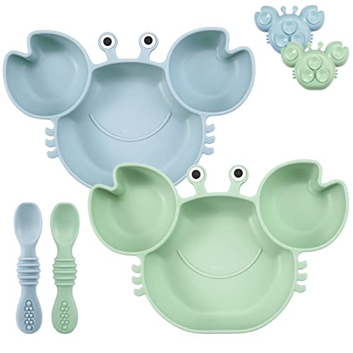 PandaEar 2er Unterteilt Kinderteller mit Saugnapf und Babylöffel, Baby Teller Rutschfest Bpa Frei Kindergeschirr Set, Silikonteller Baby Saugnapf Blw Teller Geteilte Esslernteller, Krabbe