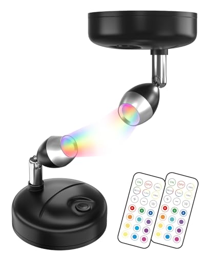 TrustWheel RGB LED Spots Batterie mit Fernbedienung, Kleiner Indoor Strahler, 12 RGB + Weißes Licht für Vitrine, Kunststatue, Pflanzenaufheller, Wohnmobil (Schwarz, 2-Pack)
