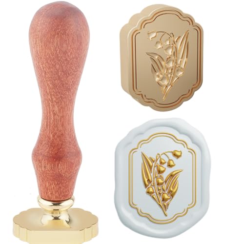 Hobbspring 1pc Vintage Blume Wachs-Siegel-Stempel 3D Maiglöckchen Versiegelung Wachsstempel 23.5x23.2mm Orientalismus Rahmen Ansicht abnehmbaren Messing Stempelkopf mit Holzgriff für Umschläge Dekor