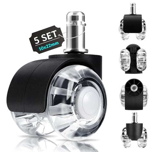 LUZOON Bürostuhl Rollen 5er Set, 10x22mm Rollen für Bürostühle, 360 Grad Drehung ohne Kratzer, Schreibtischstuhl Rollen für Teppich, Parkettböden, Hartböden und Fliesen