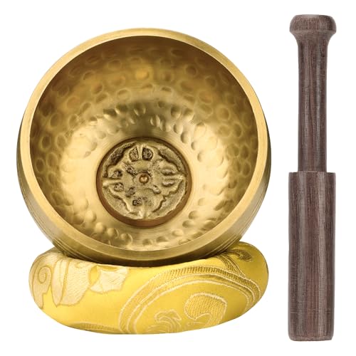 DiDiBirDi Tibetische Klangschale 8cm mit Schlägel und gelbes Ring-Kissen，Handgehämmert in Nepal für Meditation, Yoga, Chakra