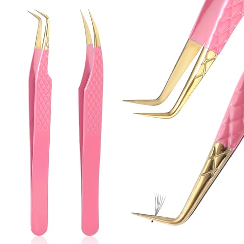 Tyqour 2 Stück Wimpern Pinzette, Pinzette Mit Gebogenen Spitzen Aus Edelstahl, Professionelle Wimpernpinzette für Wimpernverlängerungen Rosa