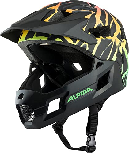 Alpina Rupi - Leichter und Sicherer Fullface-Helm für Kinder und Jugendliche, passend für Mountainbike-Einstieg, Abnehmbarer Kinnbügel, Verstellbare Passform, Optimal Belüftung, Fading-neon 50-55 cm