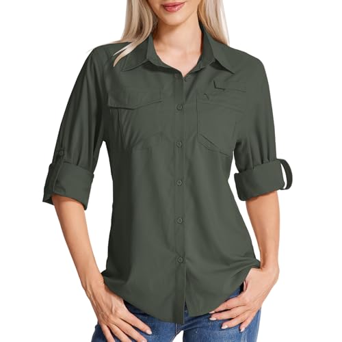 Yenwits Hemdbluse Damen UPF 50 UV Schutz Langarmshirt Atmungsaktiv Quick Dry Safari Kleidung Outdoor Wanderhemd Casual Tops für Reisen Sport Angeln Golf(5081,Army Green,XL)
