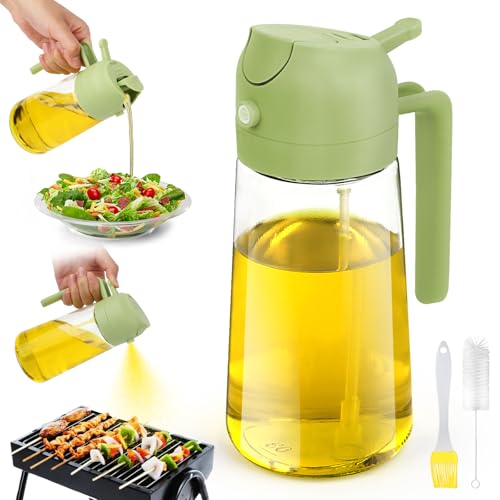 LWMTT Öl Sprühflasche,470ml Ölsprüher für Speiseöl Glas,2 in 1 Ölsprüher für Speiseöl Glas,Zusätzlich Ölbürste und Reinigungsbürste, Ölspray zum Kochen für Salat, Grillen, Backen in der Küche (Grün)