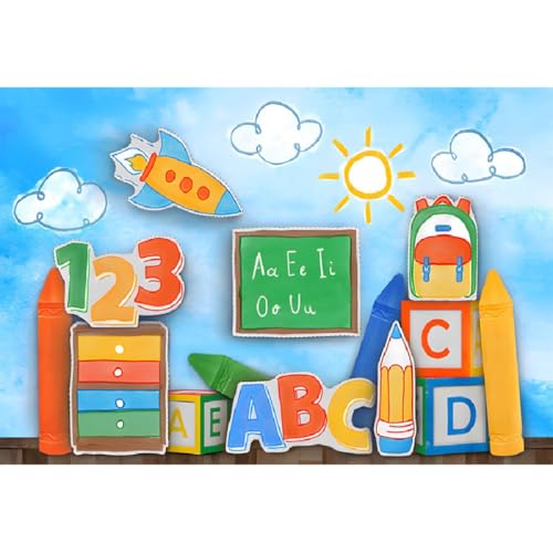 Aoihrraan 2,2x1,5m Zurück Zur Schule Hintergrund ABC Cartoon Rakete Tasche Sonne Sonnenschein Blauer Himmel Weiße Wolken Englischklasse Bunte Stift Fotografie Hintergrund Schüler Klassenzimmer Foto